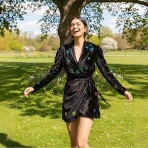 Rococo Sand Mini Dress in Black Velvet Embellished Rainbow Sequin Stars Size XL